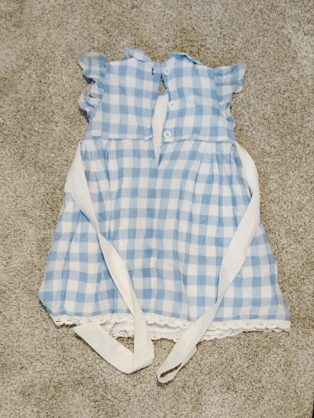 Blue Gingham Ruffle-Sleeve Kids Dress with White Sash